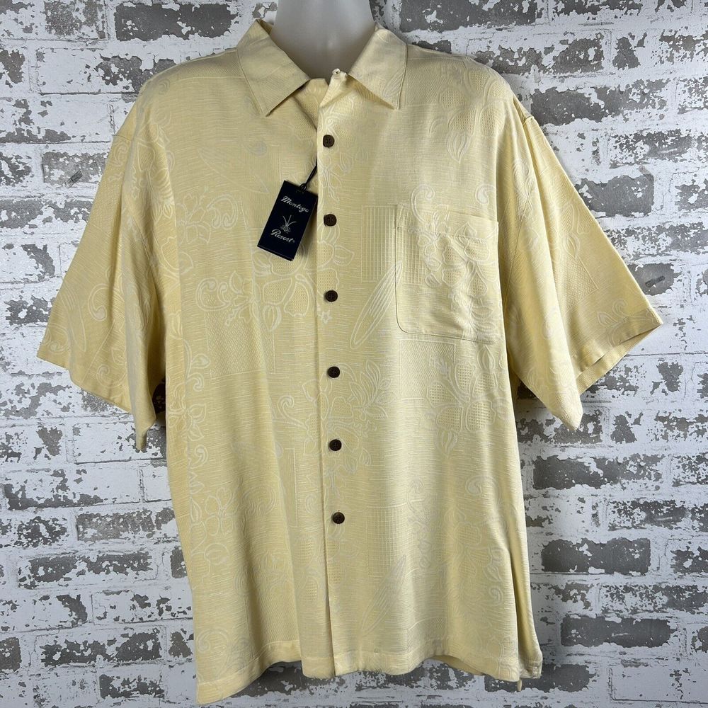 Montego Resort Pure Silk Shirt Mens‎ XL Yellow Tropical Floral Surfboard Texture
